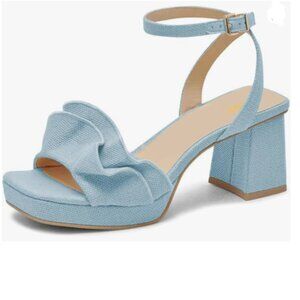 Pazzion Light Blue Platform Square Toe Pleated Ruffle Block High Heel Sandal